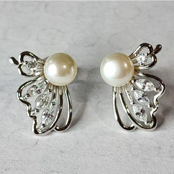 925S White Cultured Freshwater Pearl Butterfly Earrings - Picture 5 of 16